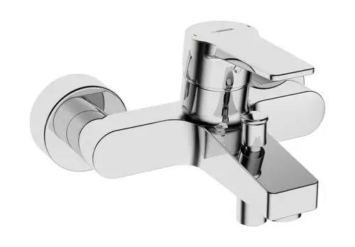 Einhebelmischer aus verchromtem Material mit einem Hebel und zwei Auslässen, designed von HANSA. Geeignet für Waschbecken und mit einfacher Bedienung.